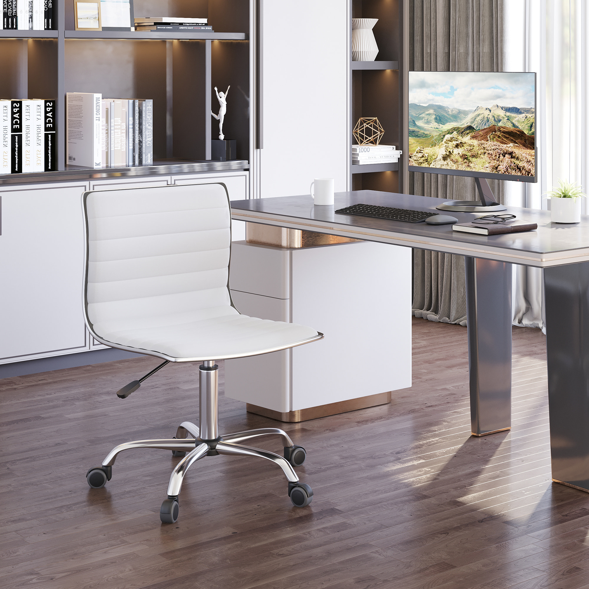 Chaise de bureau design style Chesterfield acier chromé revêtement synthétique blanc