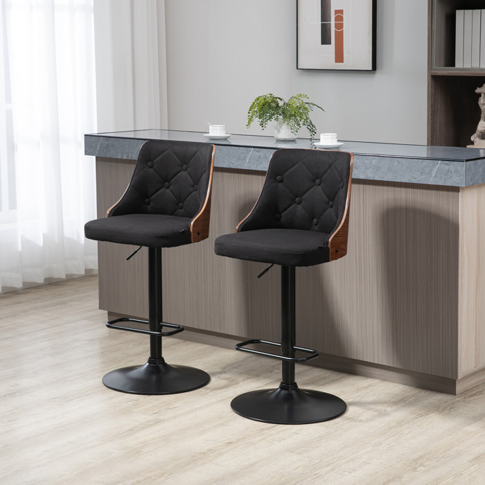 Lot de 2 tabourets de bar design vintage Chesterfield réglable pivotant 360° bois acier lin noir