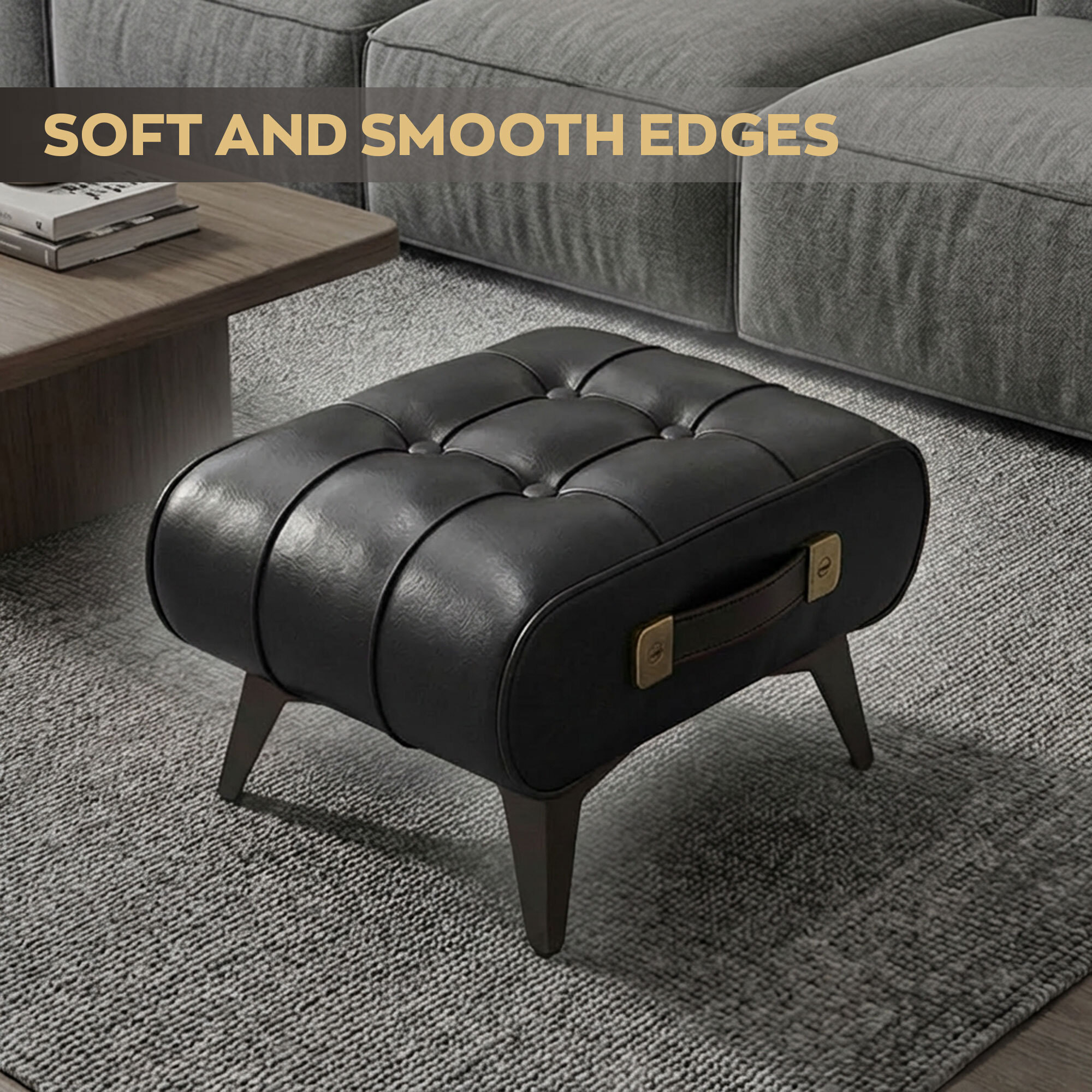 Kumo - Sgabello Pouf Ottomano Moderno 35,5x25x30 cm Poggiapiedi in Similpelle Nero
