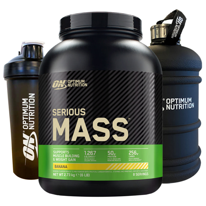 Proteine in Polvere per Sviluppo Muscolare Banana 2,73Kg Serious Mass + Shaker + Borraccia Grande