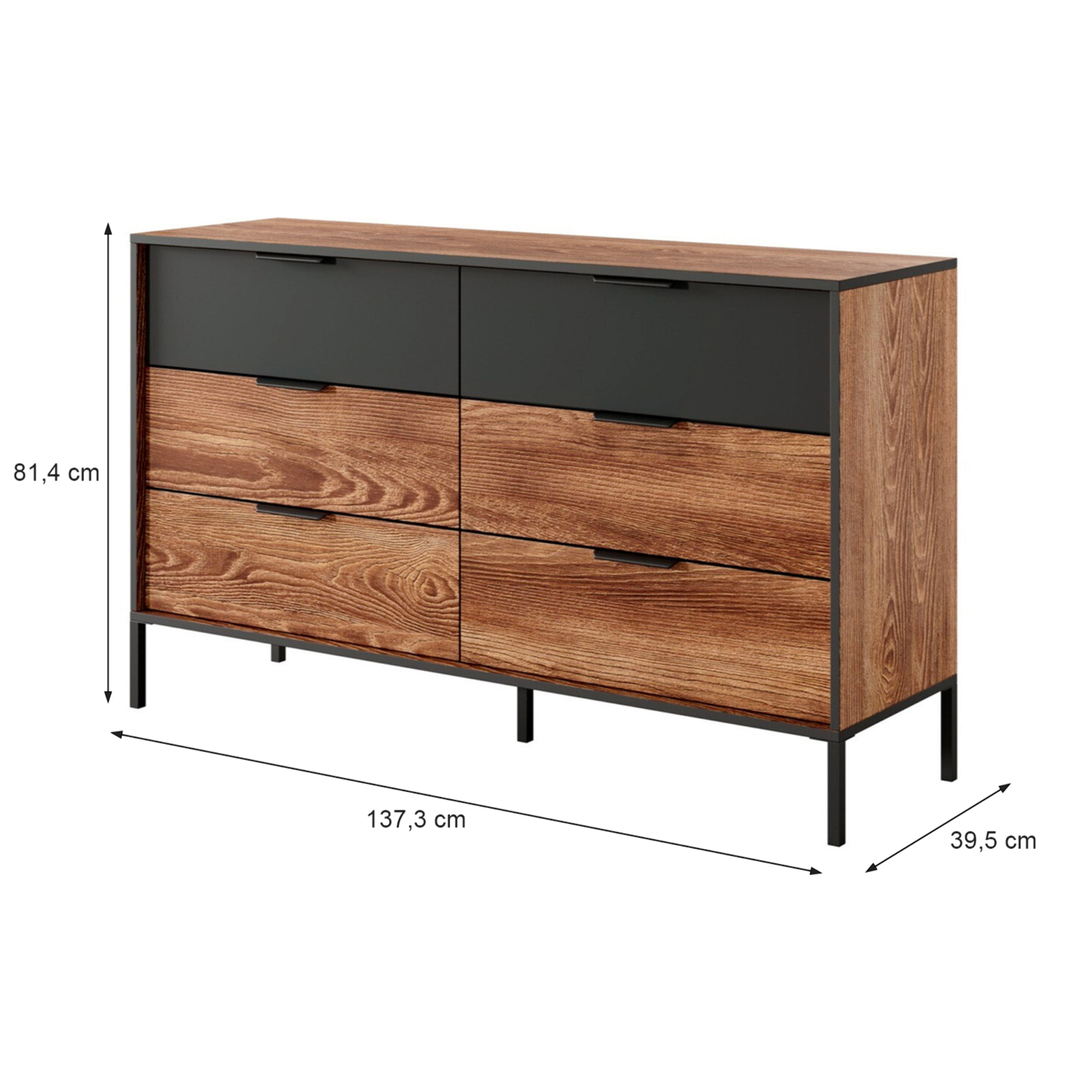 Cassettiera 6 Cassetti Soft Close Per Camera Da Letto Cameretta Design Moderno Con Piedini In Metallo 137.3 x 81.4 x 39.5 Cm Castagno E Antracite