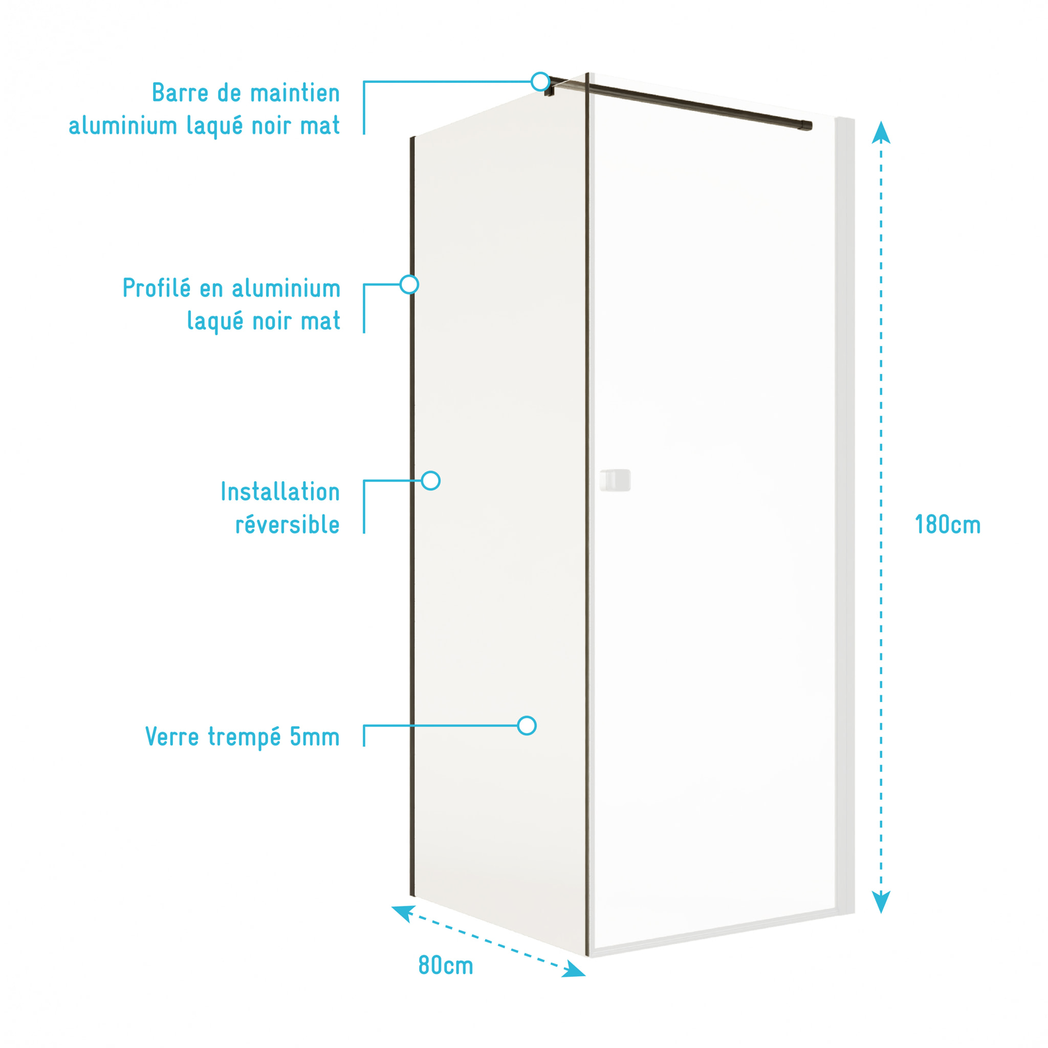 Paroi de retour 80x180 cm pour Porte de Douche - Verre Trempe 5mm - Finition Noire - DARK ELEMENTARY