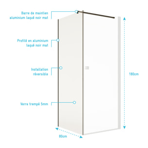 Paroi de retour 80x180 cm pour Porte de Douche - Verre Trempe 5mm - Finition Noire - DARK ELEMENTARY