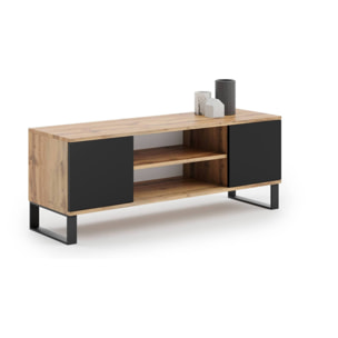 Mobile porta tv con 2 ante e 1 ripiano centrale, Credenza con piedini in metallo, Buffet da soggiorno in stile industrial, cm 155x40h49, colore Acero e Nero