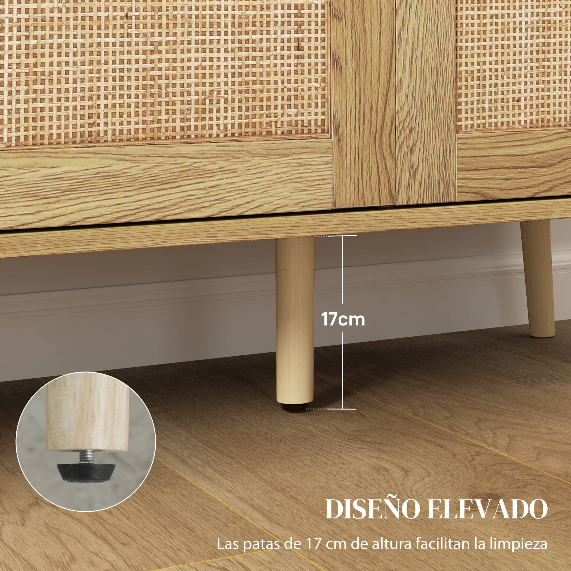 Aparador con 3 Puertas de Ratán, Aparador de Salón Bohemio, con Estantes Ajustables, para Cocina, Entrada, Dormitorio, Madera Natural, 120x40x75 cm