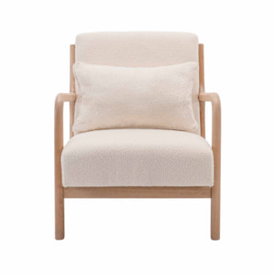 Fauteuil à bouclettes blanches texturées. bois et tissu. 1 place droit fixe. pieds compas scandinave. structure en bois solide