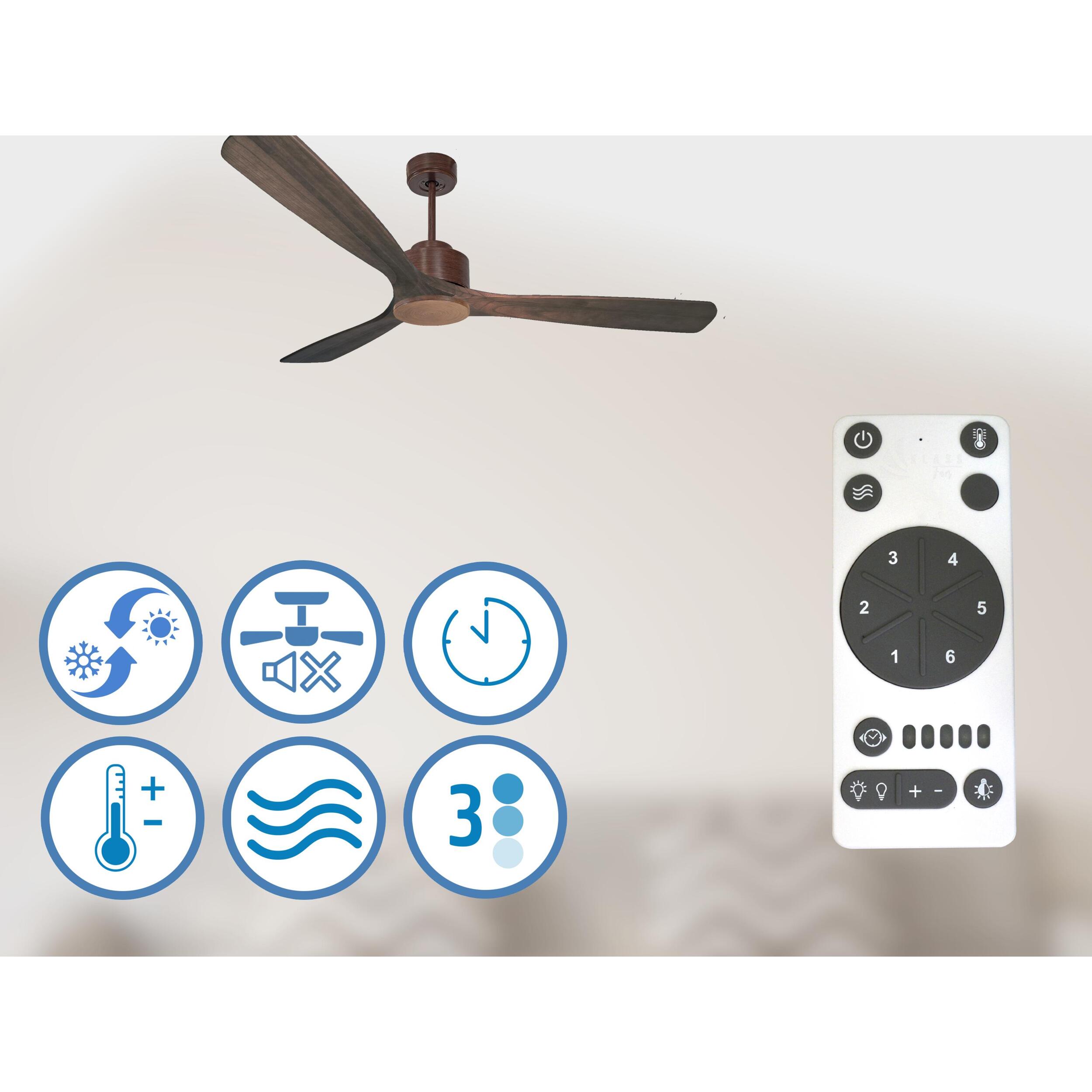 Ventilateur de plafond Réversible  Thermostat Wifi Moteur à courant continu Toits en pente Télécommande Hypersilence Mémoire Shopify Vendible (AUTOMATIQUE) 40   W brun