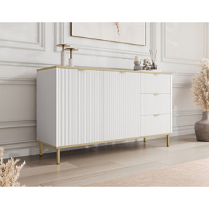 Hope - buffet bas 135 cm - 3 tiroirs et 2 portes - Blanc / Doré
