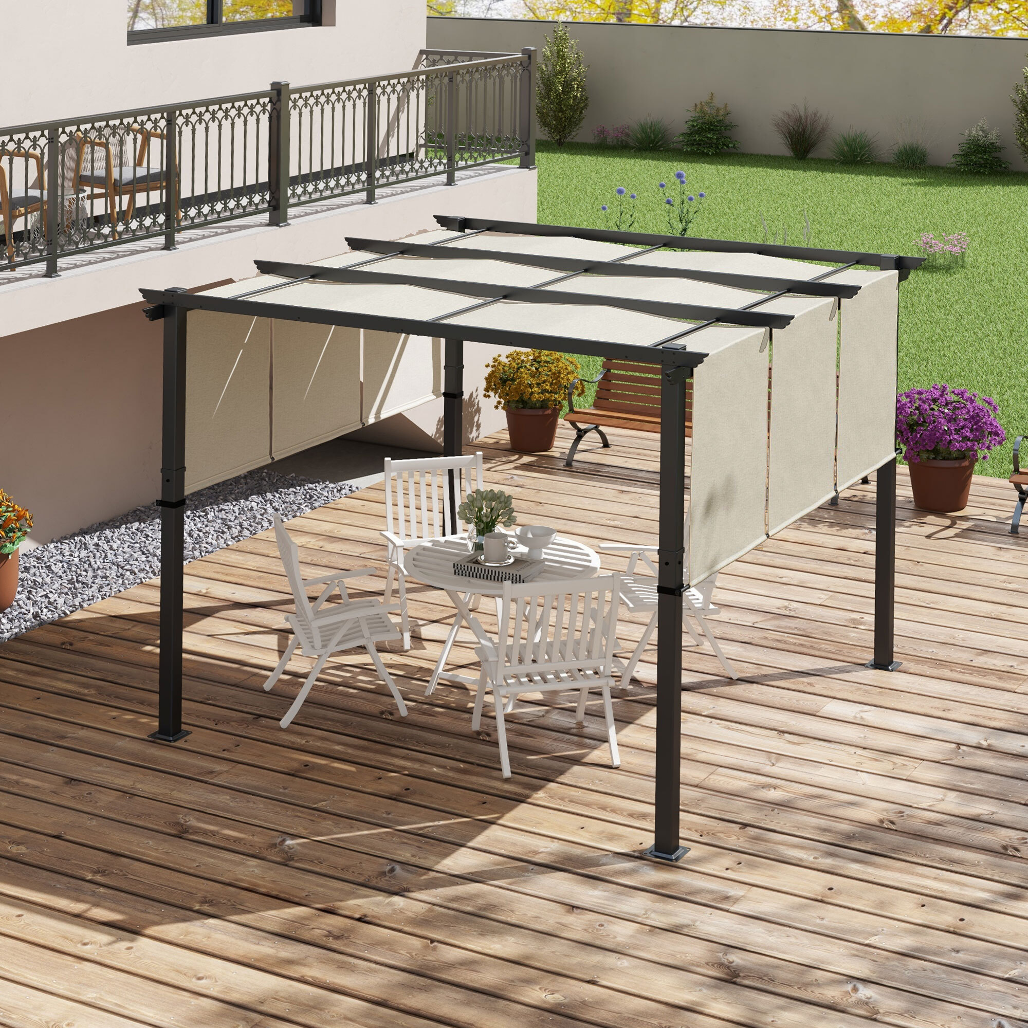 Pergola 3 toiles coulissantes - dim. 2,97L x 2,97l x 2,38H m - acier époxy polyester haute densité beige