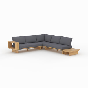 Canapé d'angle de jardin en bois et tissu gris 4 places - Seya
