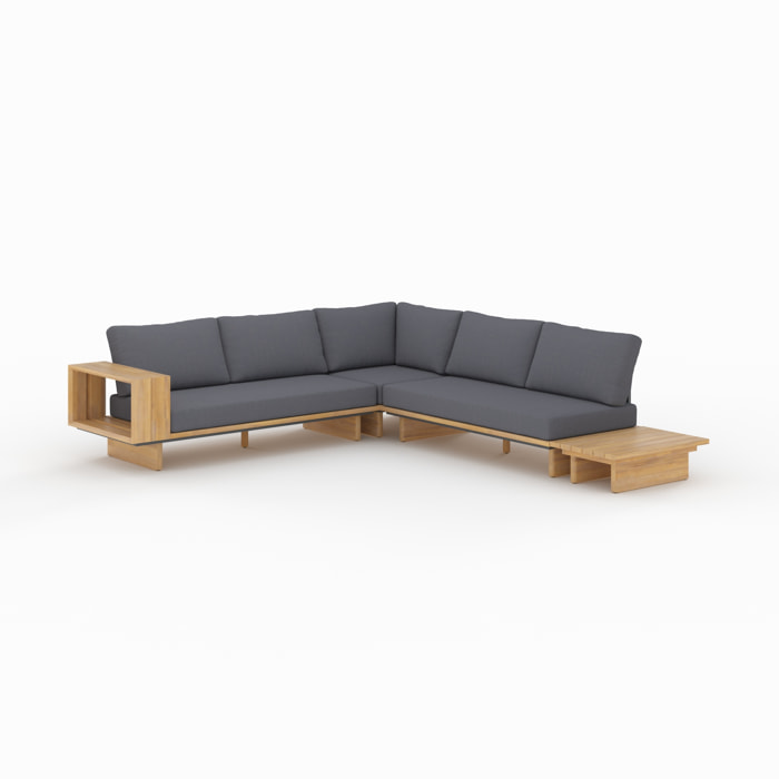 Canapé d'angle de jardin en bois et tissu gris 4 places - Seya