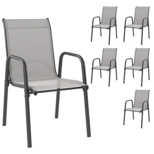 Juego de 6 Sillas de Jardín Exterior Apilables, Sillas Terraza Exterior con Reposabrazos, Asiento y Respaldo de Malla Transpirable, Estructura Metálica Resistente, 51x69x87 cm, Gris Claro