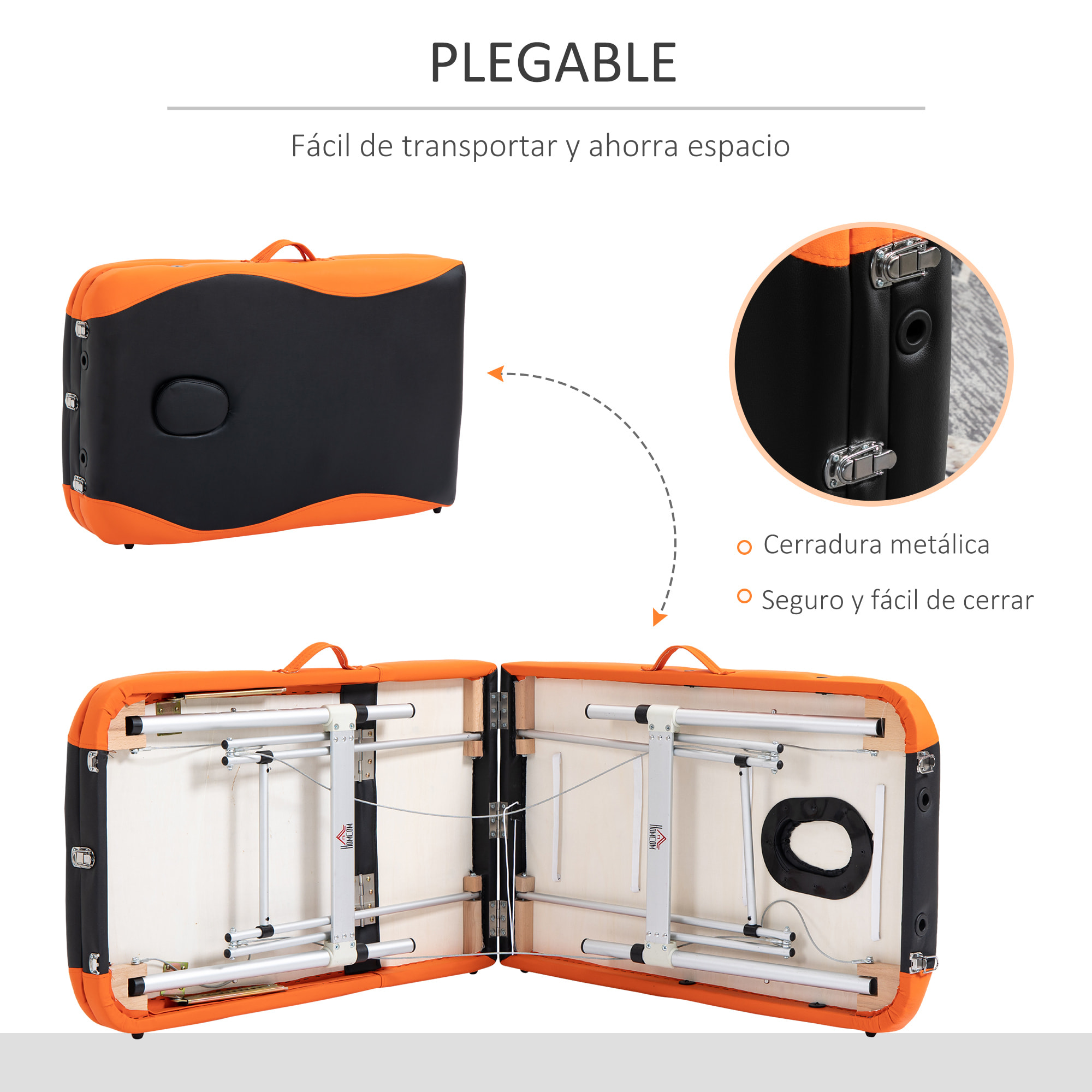 Camilla de Masaje Plegable 185x60cm Portatil Fisioterapeuta 3 Zona Negro y Naranja