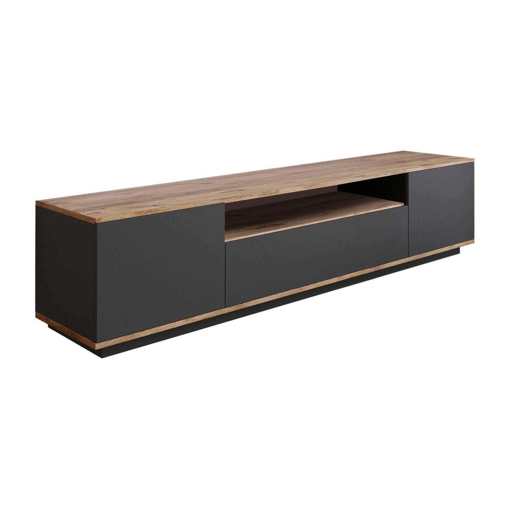 Mobile porta TV Dpierott, Credenza da soggiorno, Armadio basso per TV, Base parete attrezzata, 180x45h45 cm, Quercia e Antracite