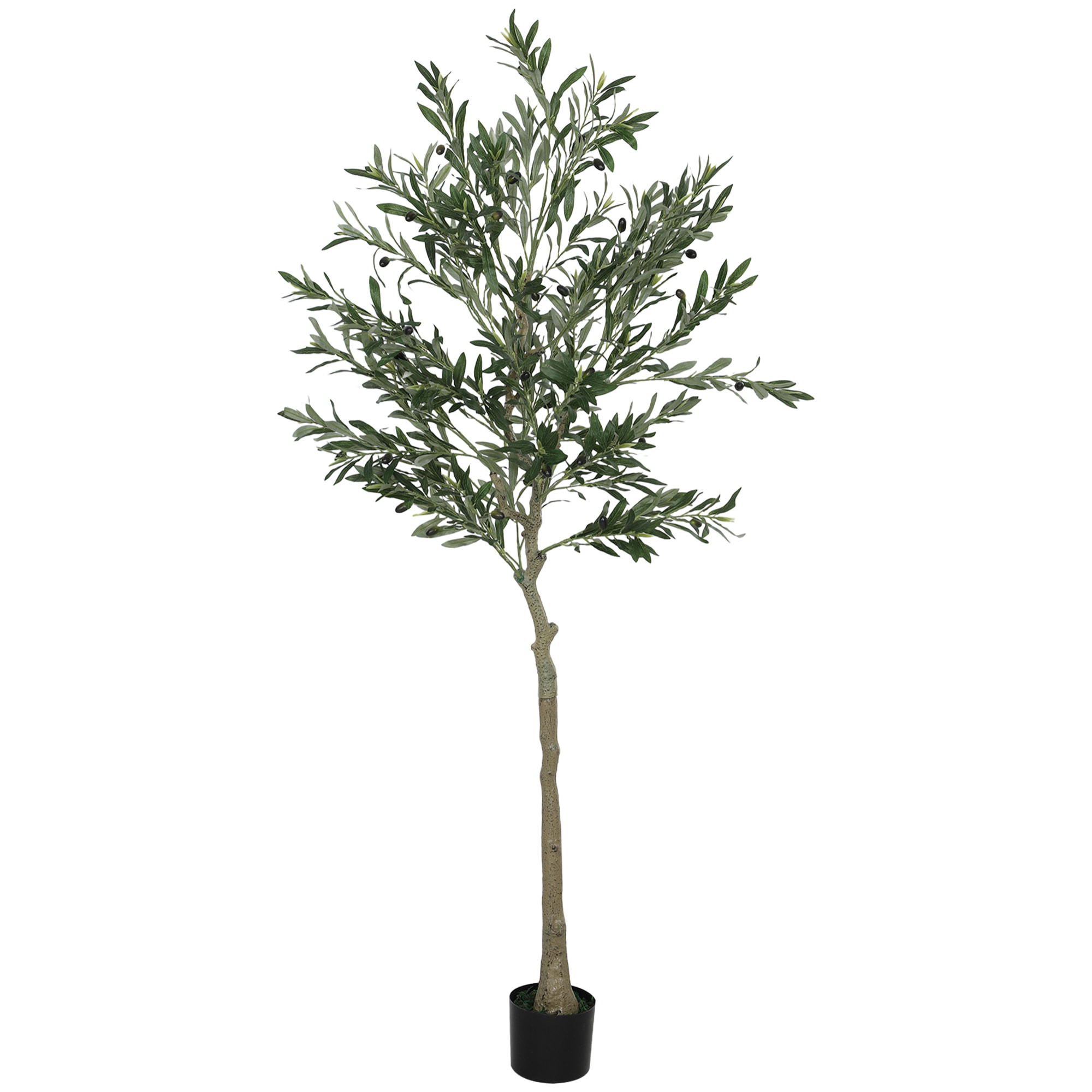 Olivier artificiel H.180 cm - grand réalisme - 900 feuilles en soie, 40 olives - mousse effet lichen pot inclus