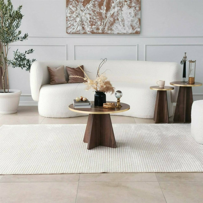 Tavolino da salotto Armanda, Tavolo basso da caffè, Portariviste per divano, Ripiano da soggiorno, 60x60h40 cm, Oro e Noce