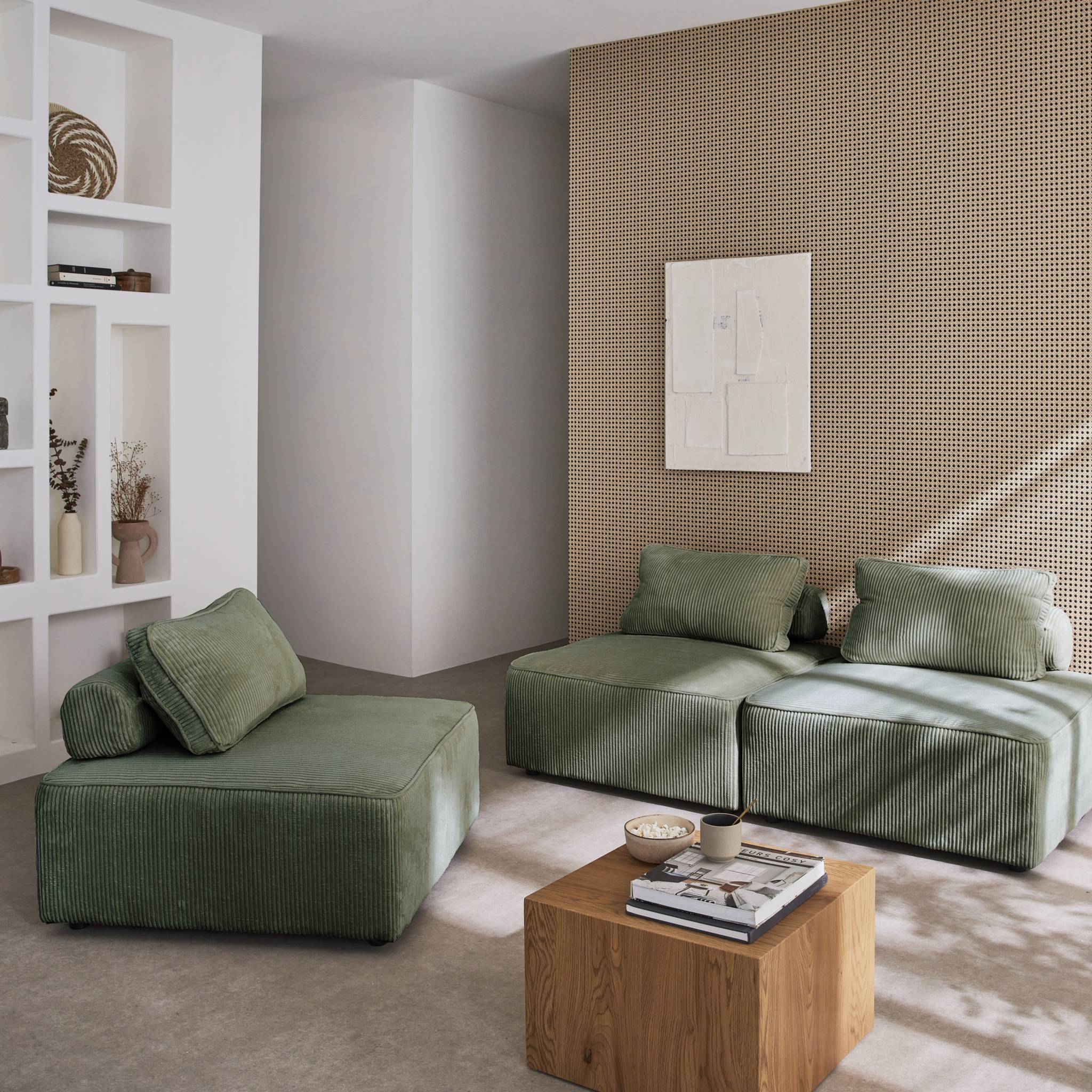 Lot de 3 chauffeuses pour canapé  modulables velours côtelé vert avec un coussin
