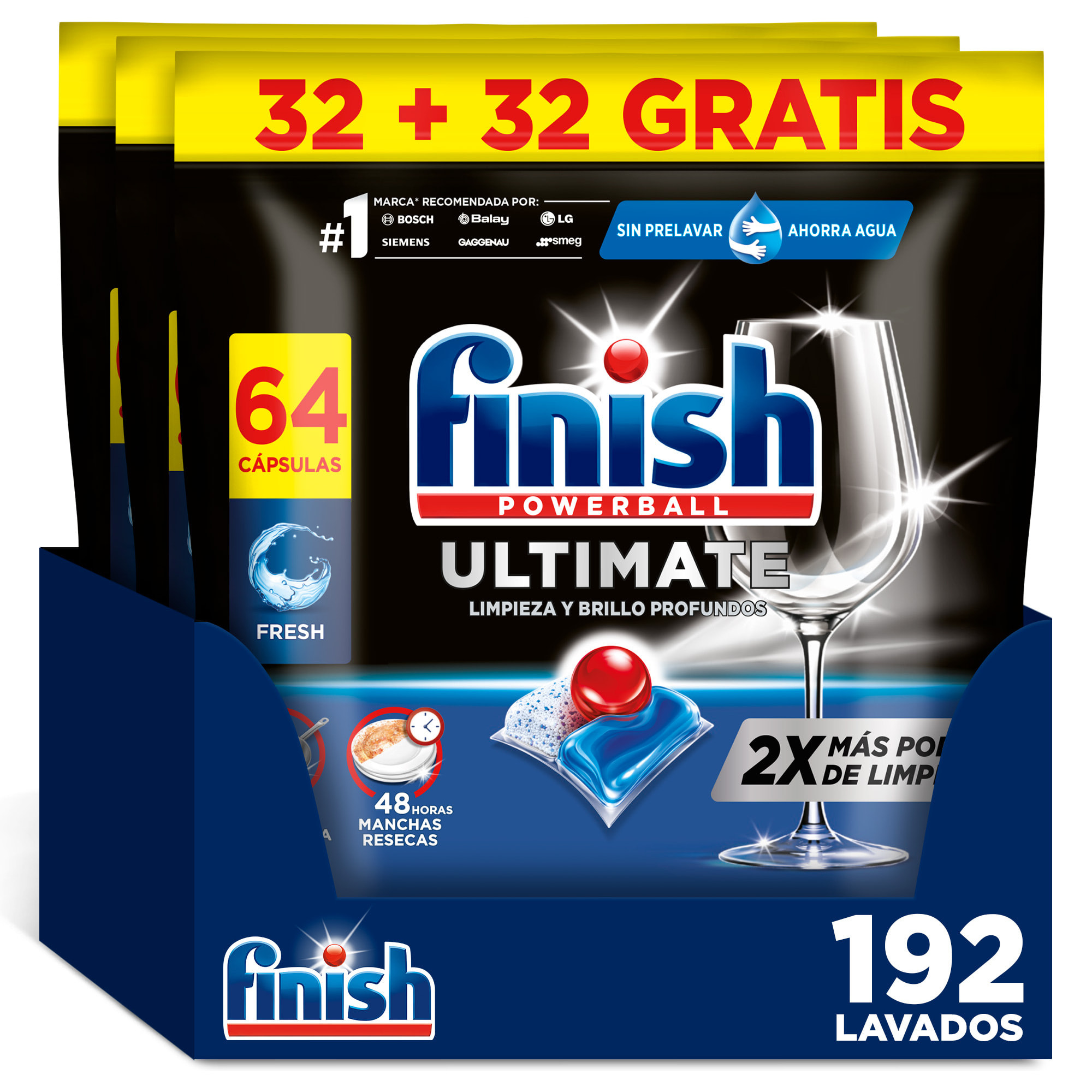 Finish Powerball Ultimate x192 Pastillas para Lavavajillas, Limpieza y Brillo Profundos (Formato 3x 64 Pastillas)