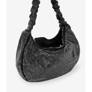 Bolso de hombro negro con brillantes y asa con pliegues