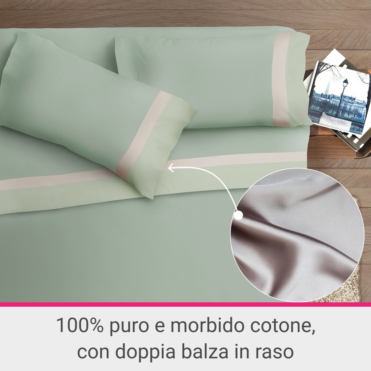 Completo letto doppia balza RASO IPERSAN Puro Cotone Verde/Panna fondo Salvia