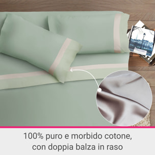 Completo letto doppia balza RASO IPERSAN Puro Cotone Verde/Panna fondo Salvia