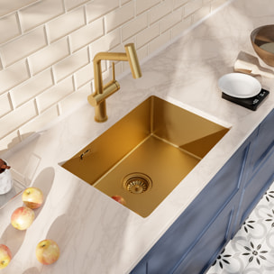 Timeless 55x45x21 cm évier sous plan en inox 304, 1 bac + mitigeur inox avec douchette extractible, or brossé (TMLKSU-5545BG-M1)