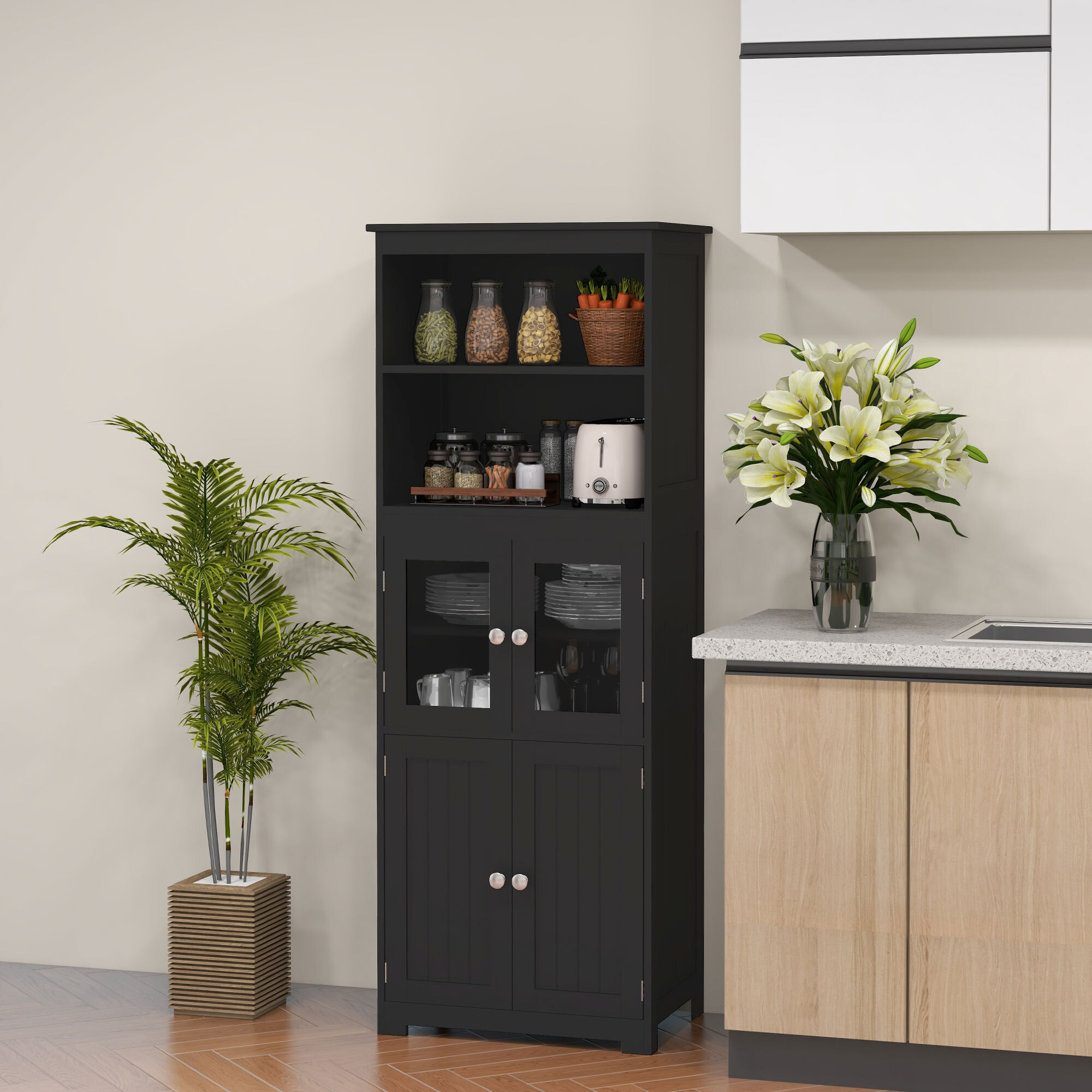 Armoire de cuisine multi-rangements 4 portes avec étagères 2 niches grand plateau MDF noir