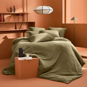 Drap plat gaze de coton lavé uni vert Malia kaki