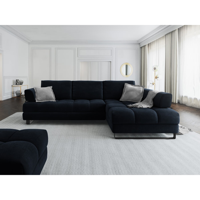 Canapé d'angle droit convertible avec coffre de rangement "Clinton" 5 places en velours bleu foncé