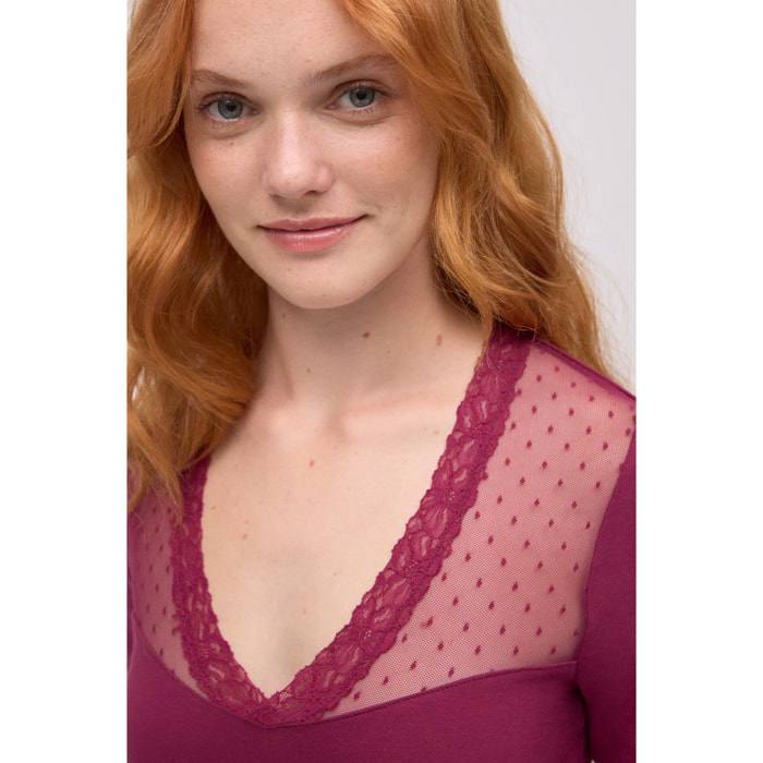 T-shirt in cotone a maniche lunghe con dettagli scollo color bordeaux