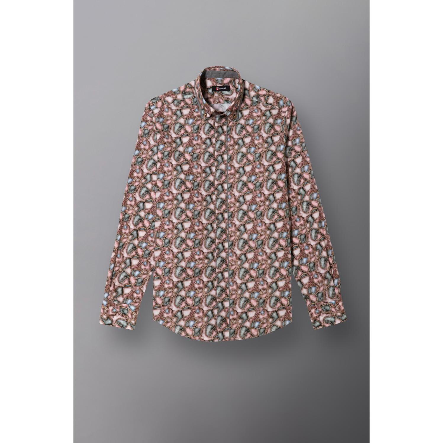 Camicia Uomo 2bottoni Button Down Doppio Collo Slim Popeline Stampato Rosa Cipria Piombo
