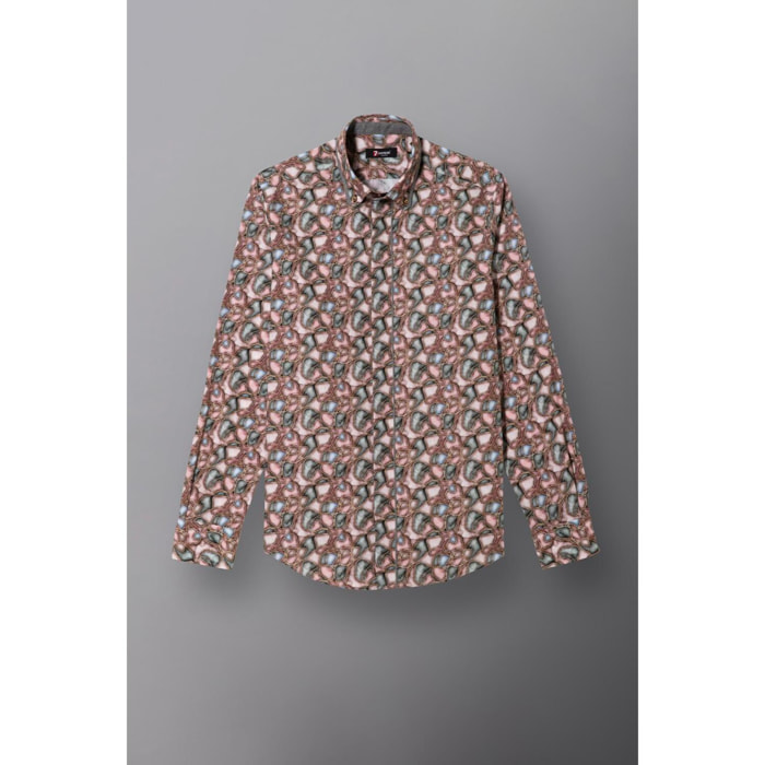 Camicia Uomo 2bottoni Button Down Doppio Collo Slim Popeline Stampato Rosa Cipria Piombo