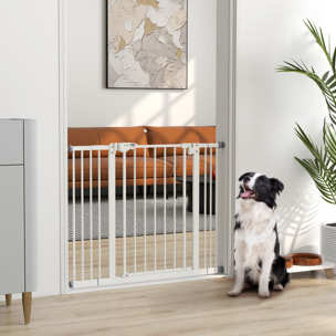 Barrera de Seguridad para Perros Extensible 74-100 cm, para Puertas y Escaleras, Barrera para Perros Medianos, Cierre Automático Montaje a Presión Doble Bloqueo 2 Extensiones 7/14 cm, Blanco