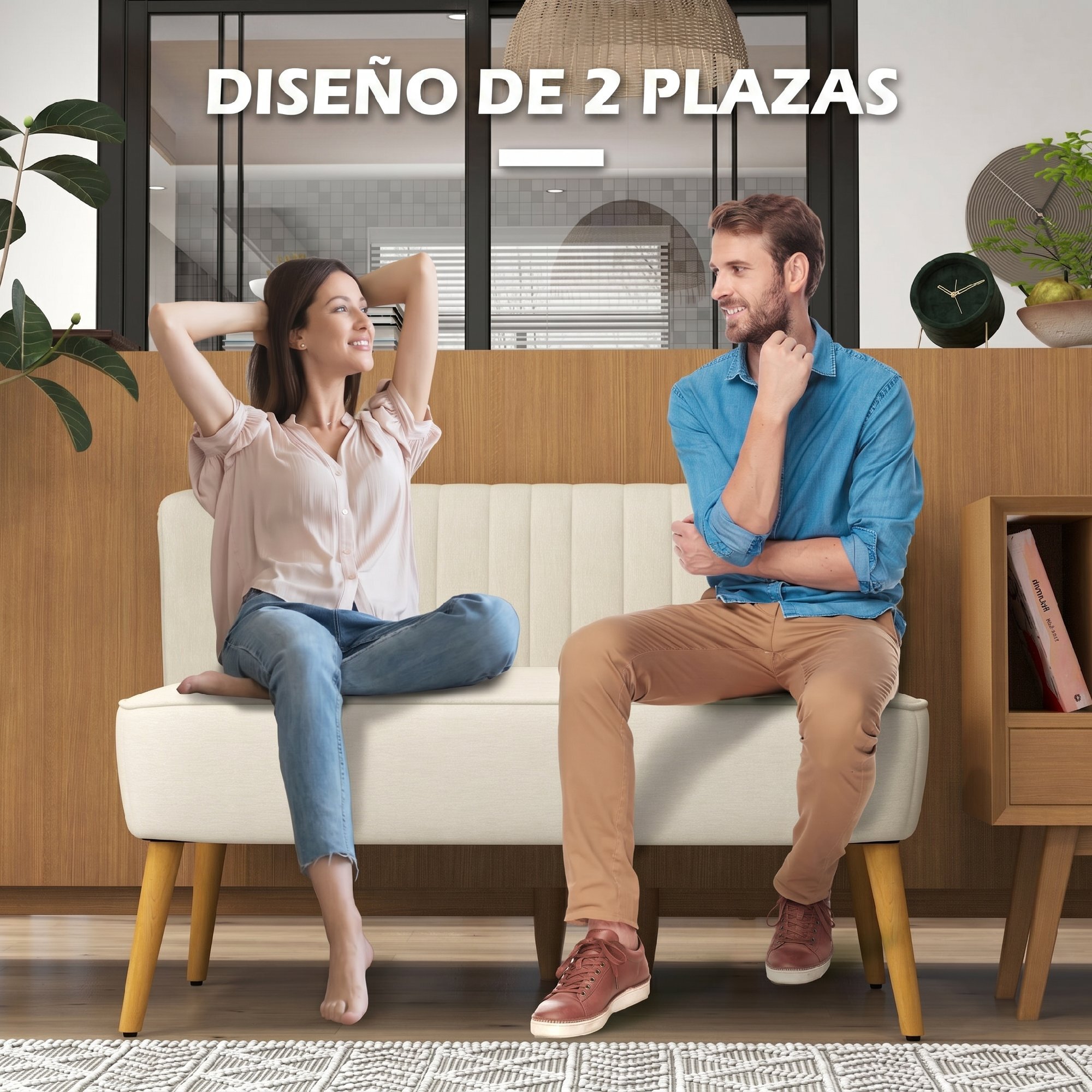 Sofá de 2 Plazas Tapizado en Lino Sintético, Sofá Moderno con Asiento y Respaldo Acolchados, Patas de Madera de Caucho, Carga 220 kg para Dormitorio, Salón, Espacios Pequeños, Blanco Crema