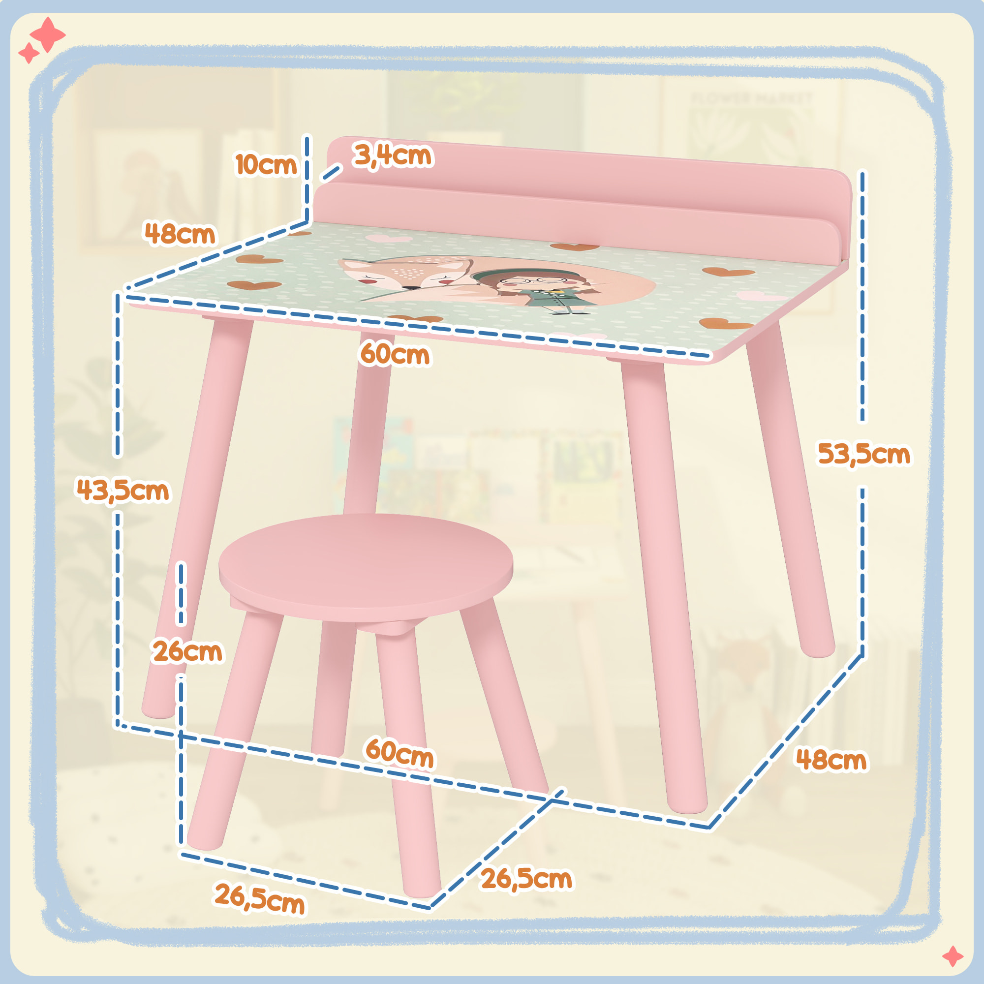 Mesa y Silla Infantiles de 2 Piezas Mesa Infantil con Silla y Estante para Libros Escritorio para Niños de +3 Años para Sala de Juegos Rosa