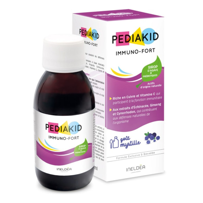 PEDIAKID - Complément Alimentaire Naturel Pediakid Immuno-Fort - Formule Exclusive au Sirop d'Agave - Aide à Soutenir les Défenses Naturelles de l'Organisme - Goût Myrtille
