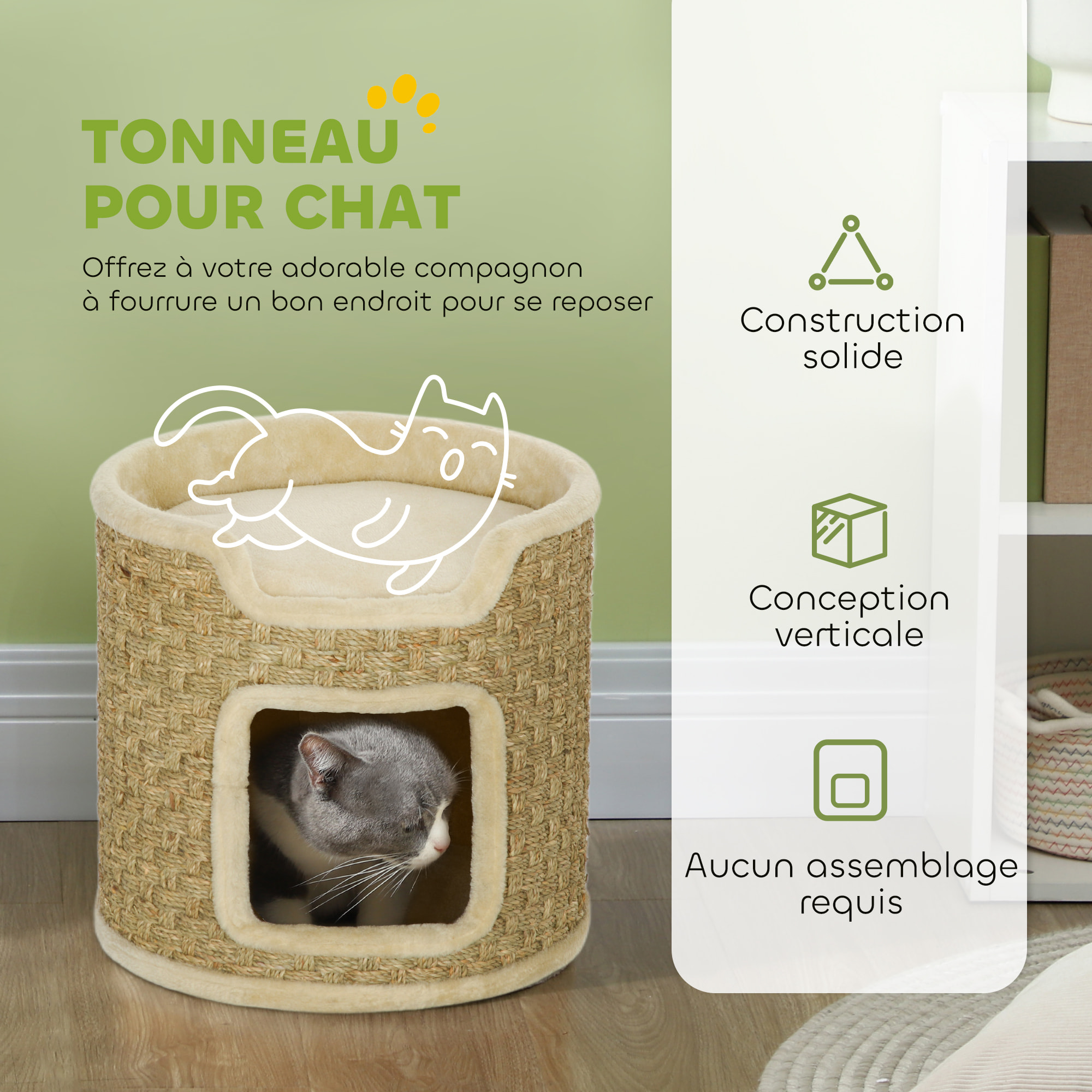 Panier coussin griffoir chat 3 en 1 design tonneau - Ø 38 x 37H cm - jonc de mer peluche beige