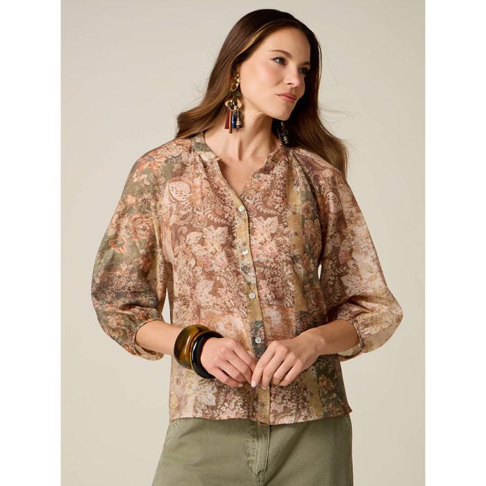 Oltre - Blusa misto lyocell fantasia - Beige