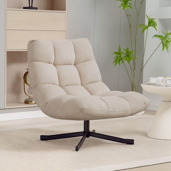 Sillón Giratorio Moderno, Butaca de Salón con Base de Cruz, Tapizado en Chenilla Impermeable, Asiento Extra Ancho y Patas de Acero, Sillón Relax para Sala de Estar, Dormitorio, Blanco Crema