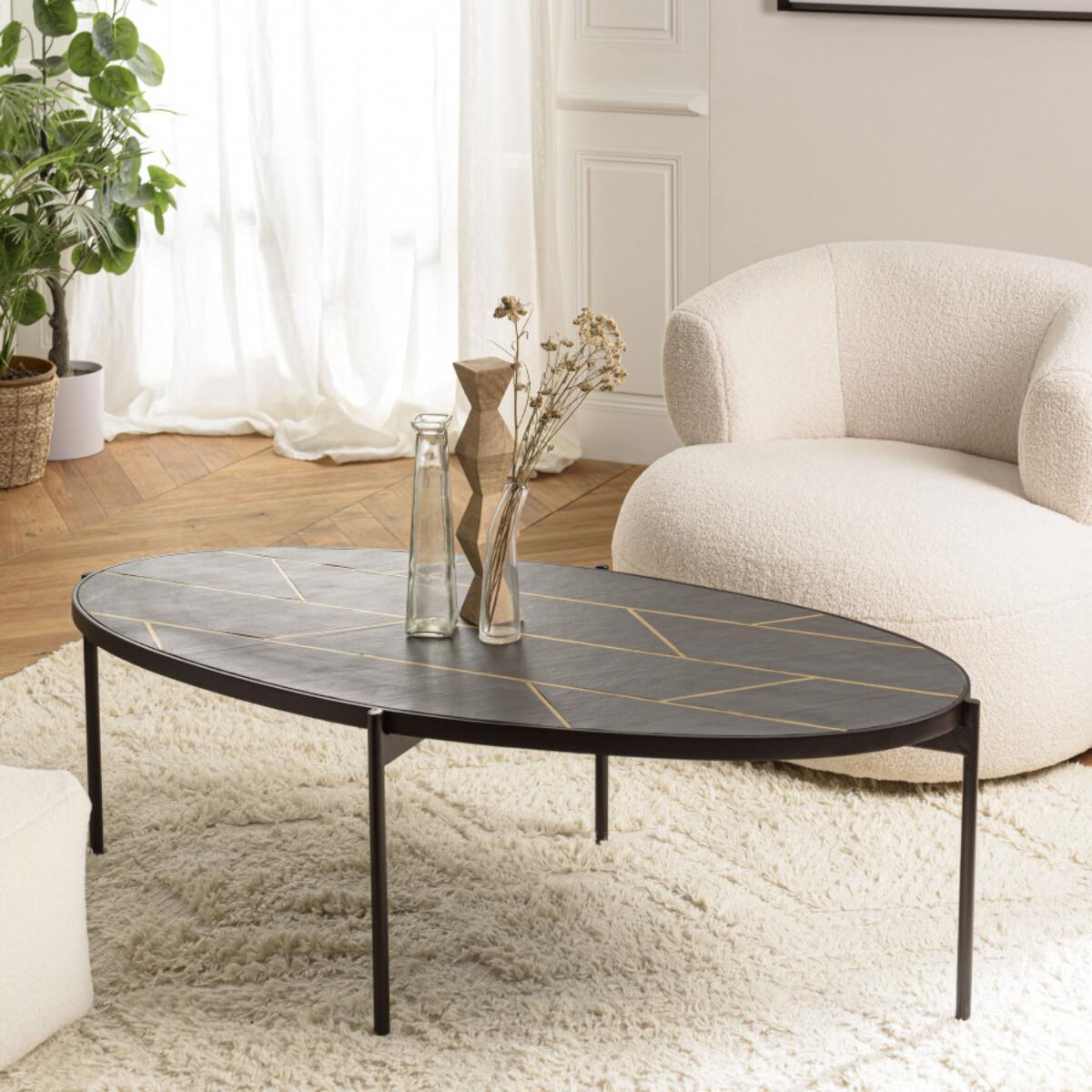 BASILE - Table basse ovale 131x65cm effet pierre motifs dorés