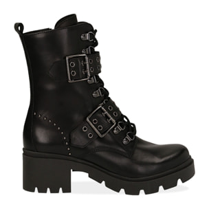 Botas de cuero negro con hebillas y tachuelas, tacón de 4,5 cm