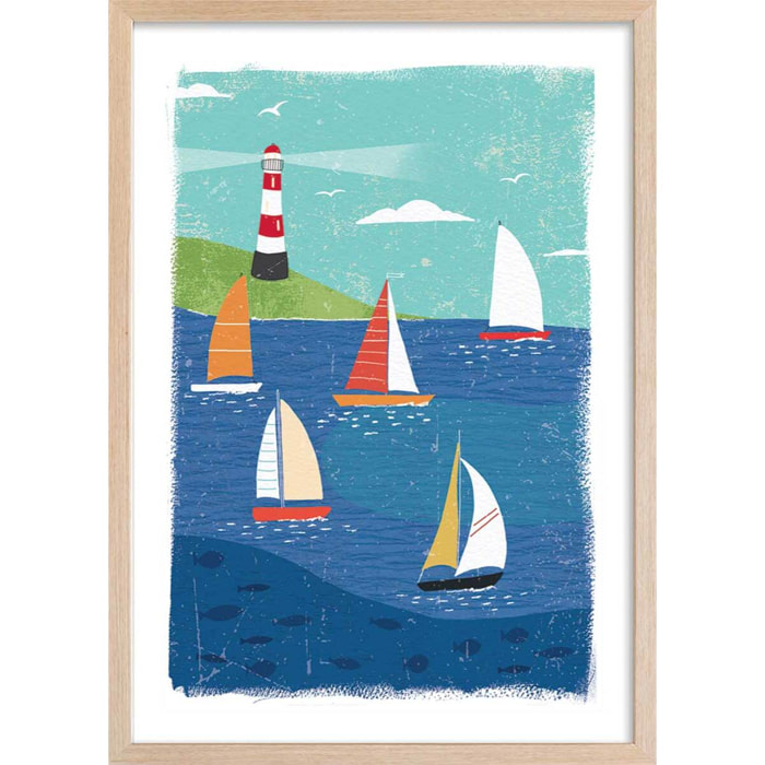 Affiche enfant baie en bretagne  Affiche + cadre en bois - Chêne