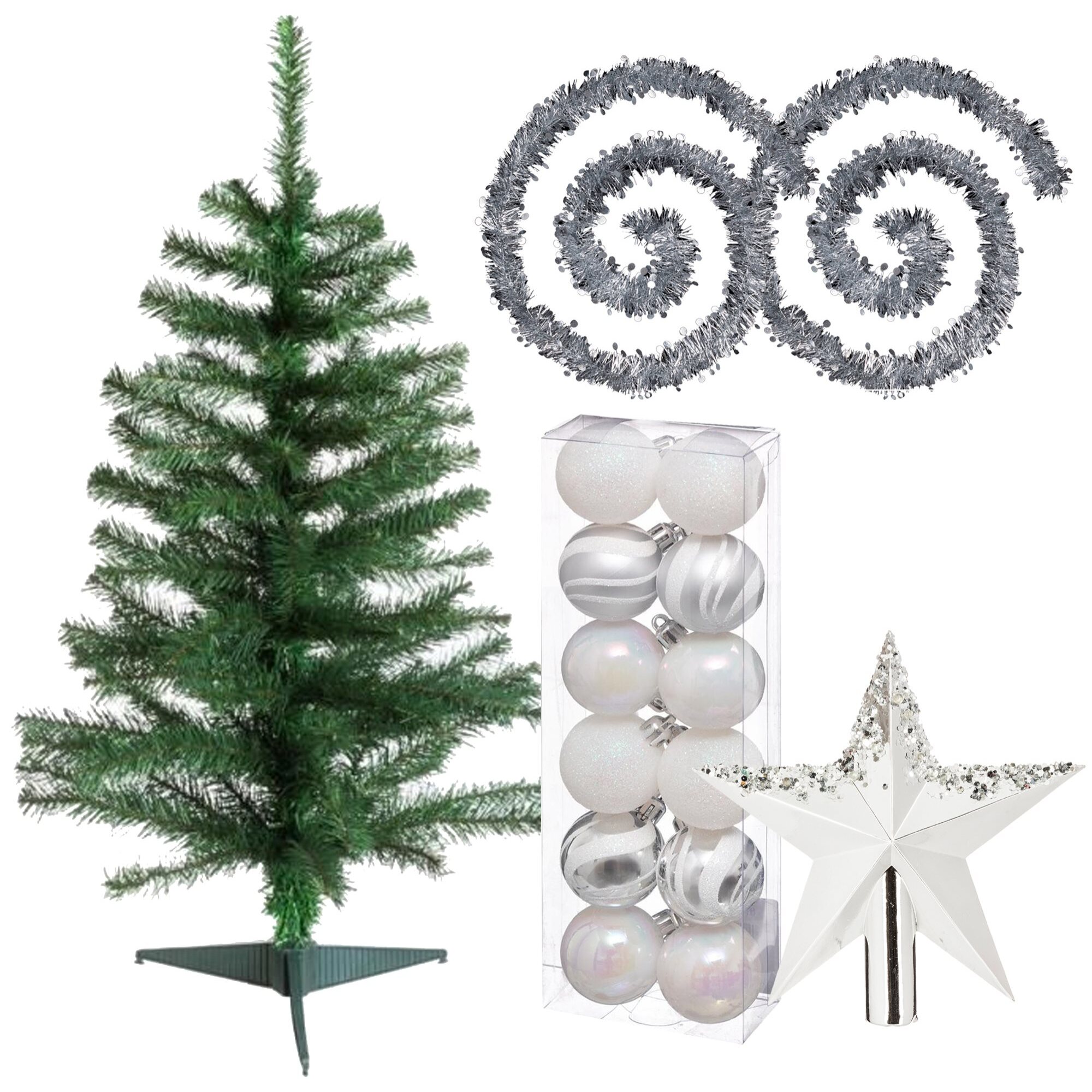 Pack decoración navidad: abeto verde 100 cm con base + lote de 12 bolas navideñas de 40 mm. diseño surtido + 2 guirnaldas espumillón plata 2 m + estr