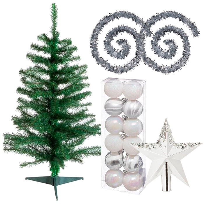 Pack decoración navidad: abeto verde 100 cm con base + lote de 12 bolas navideñas de 40 mm. diseño surtido + 2 guirnaldas espumillón plata 2 m + estr