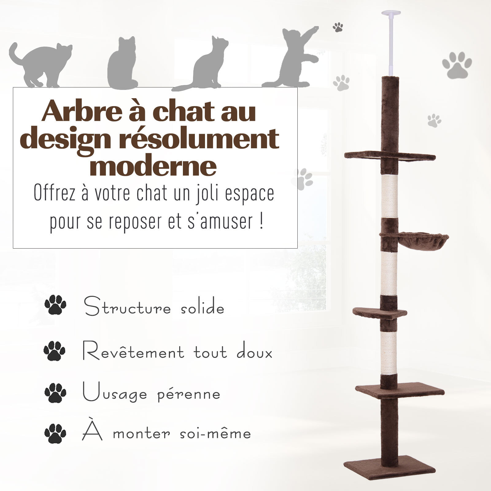 Arbre à chat poteau à griffer L40 x l 34 x H 230-260 cm 5 niveaux d'activités marron