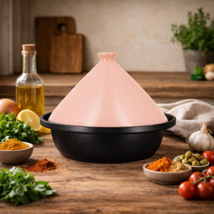 Tajine d24cm fond alu induction couvercle en céramique rose
