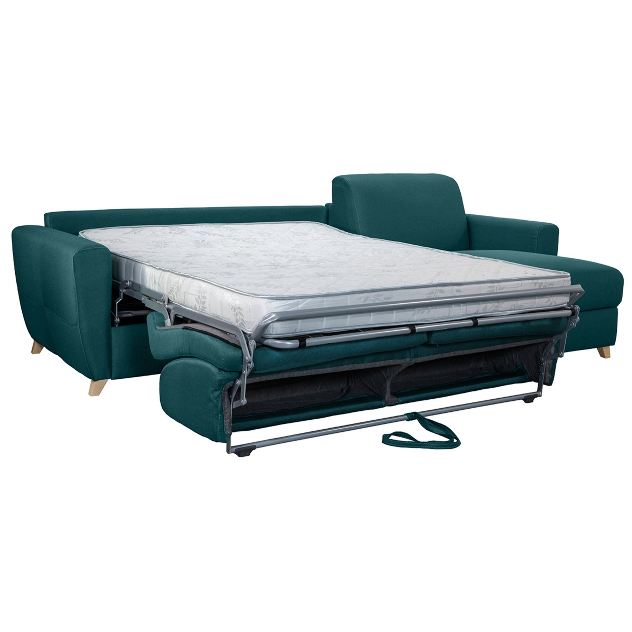 Canapé d'angle convertible réversible avec coffre 4 places en tissu bleu canard et bois clair GRAHAM