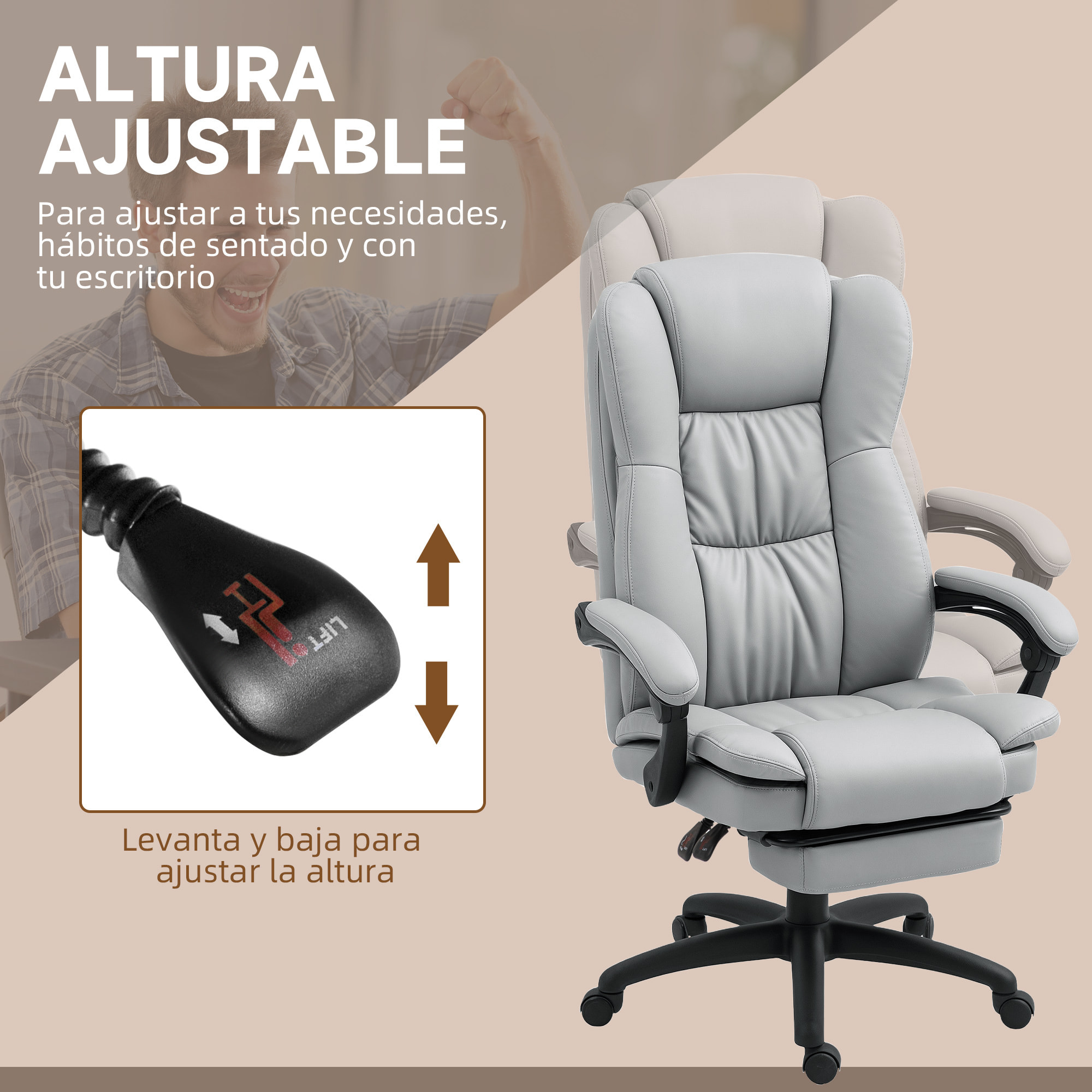 Silla de Oficina con 6 Puntos de Masaje, Silla de Escritorio Giratoria con Respaldo Reclinable 135º, Altura Ajustable, Reposapiés Retráctil y Control Remoto, Gris Claro
