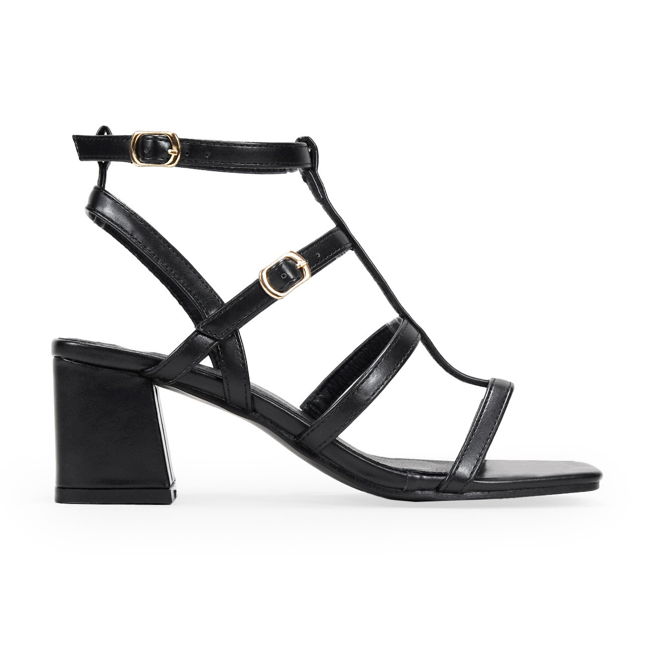 Sandalias de tacón negras con tiras y hebilla