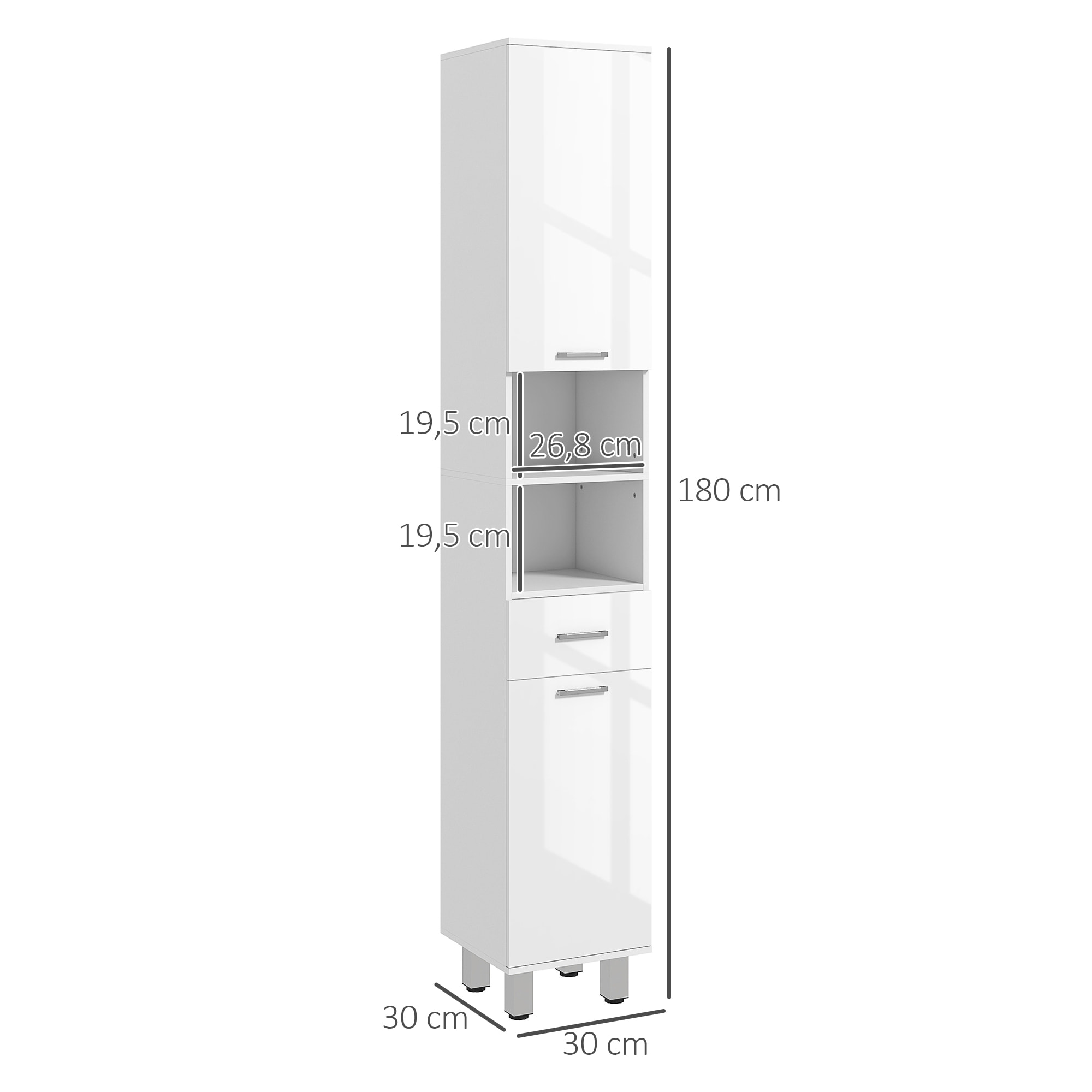 Colonne salle de bain H.180cm façade blanc laqué 2 portes, 2 étagères, 2 niches, tiroir